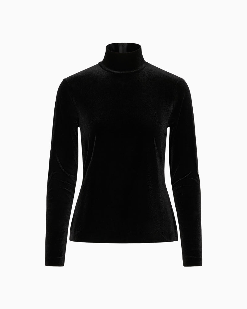 Front view of fitted velvet blouse showing feminine shape