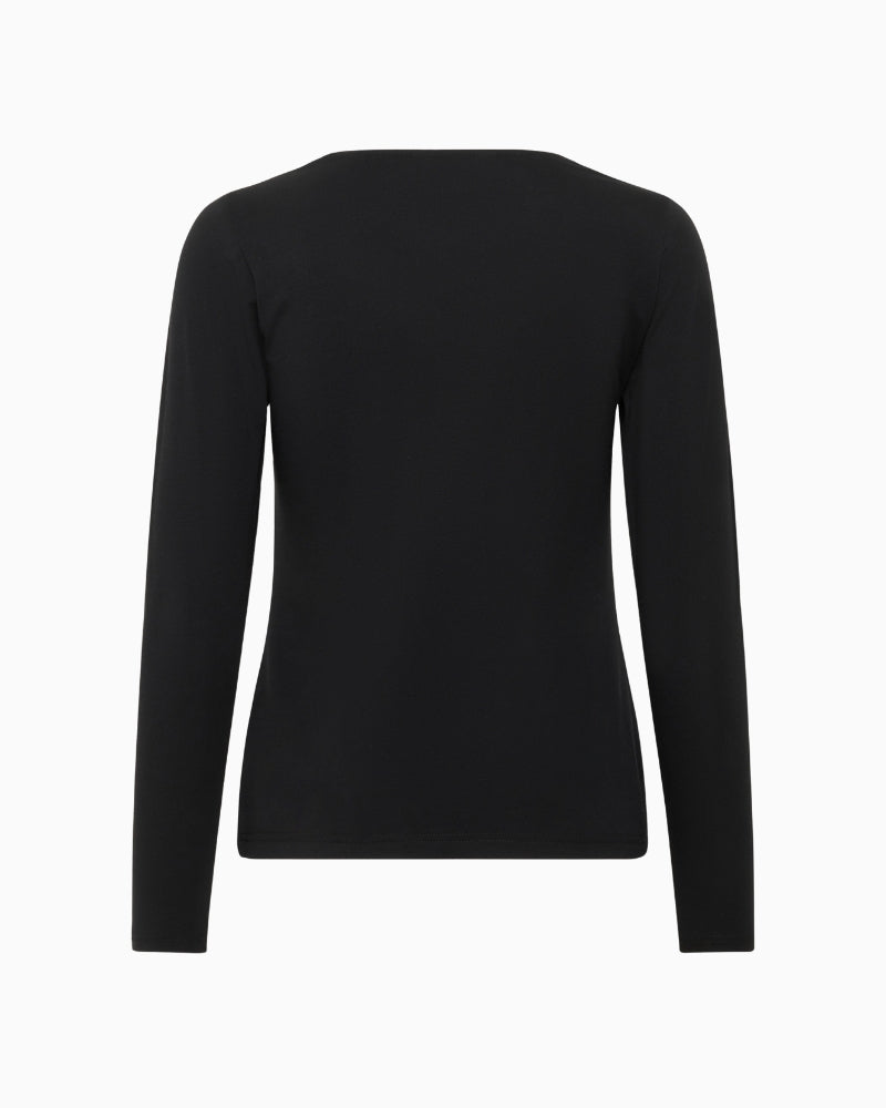 Back view of long sleeve slim tee with soft drape and stretch fabric