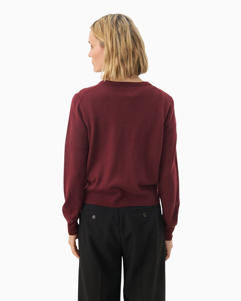 Back view of fine knit cardigan layered over neutral top