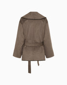 Back view of mid‑hip jacket with tailored silhouette and elegant finish