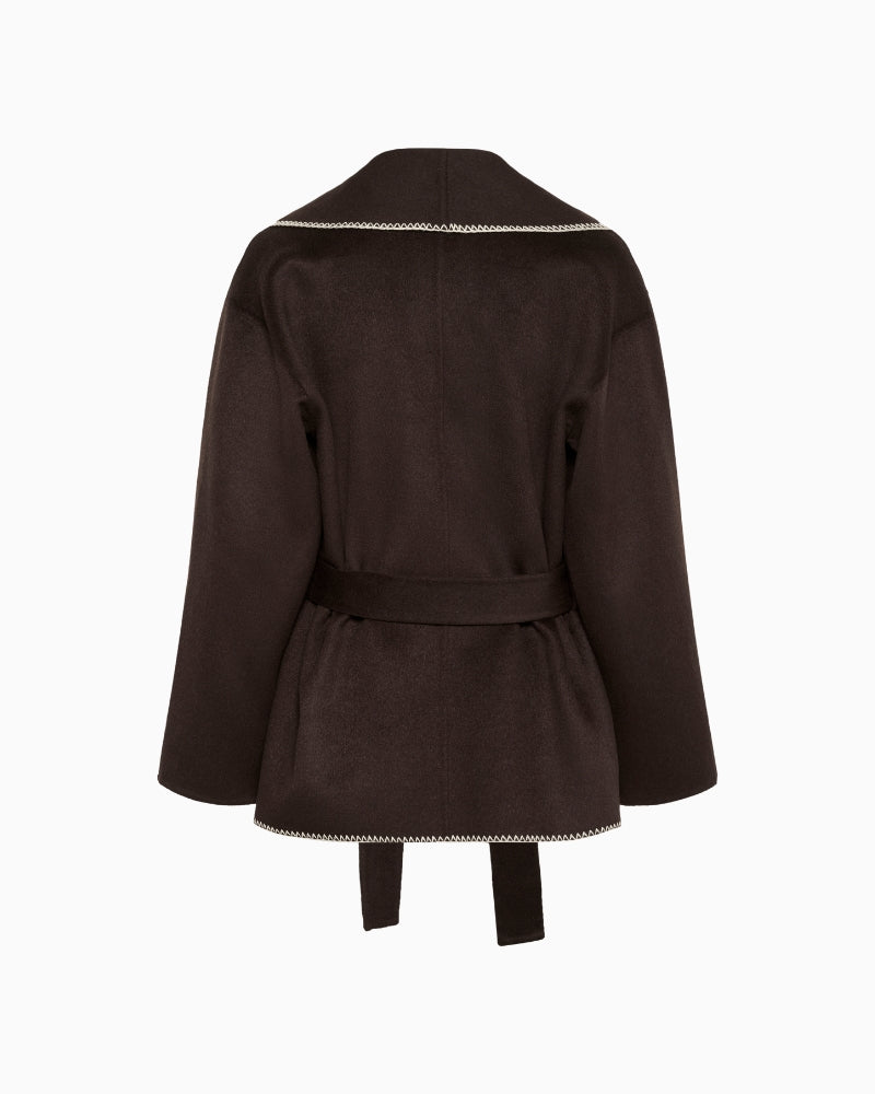 Back view of brown wool blend coat with straight cut