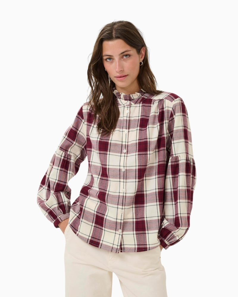 Part Two Samilla check blouse with frill collar and long sleeves