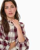 Close-up of frilled neckline and button-down front on Part Two shirt