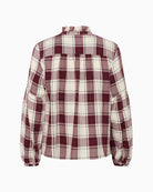 Back view of relaxed check blouse with feminine detailing and clean shape