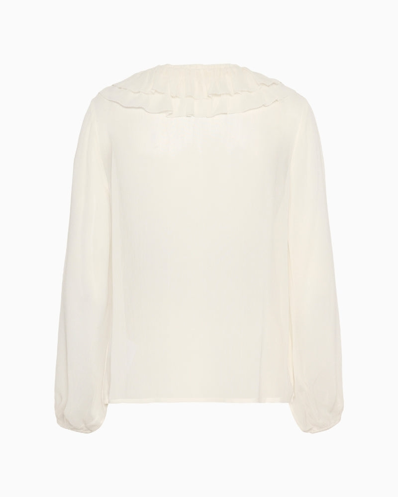 Back view of long sleeve sheer blouse in airy viscose