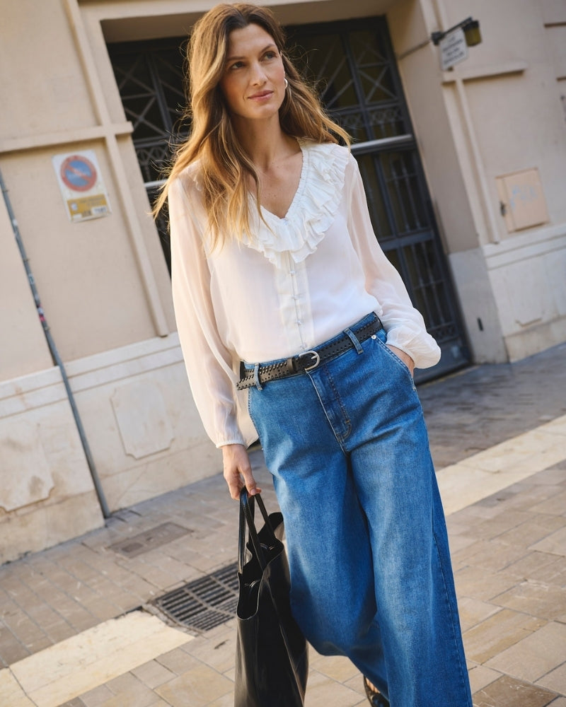 Part Two SanazPW blouse in sheer viscose with ruffle V-neckline