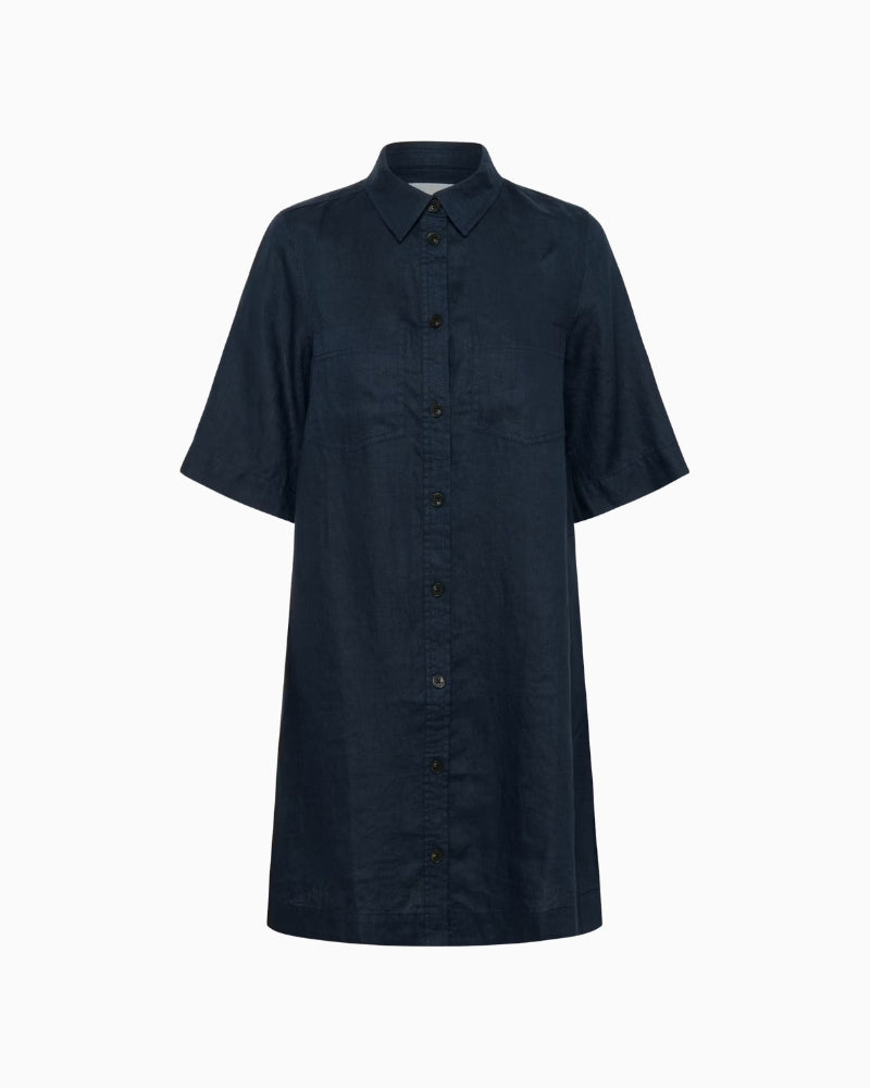 Part Two Sardia linen dress navy front view white background – Áines Boutique