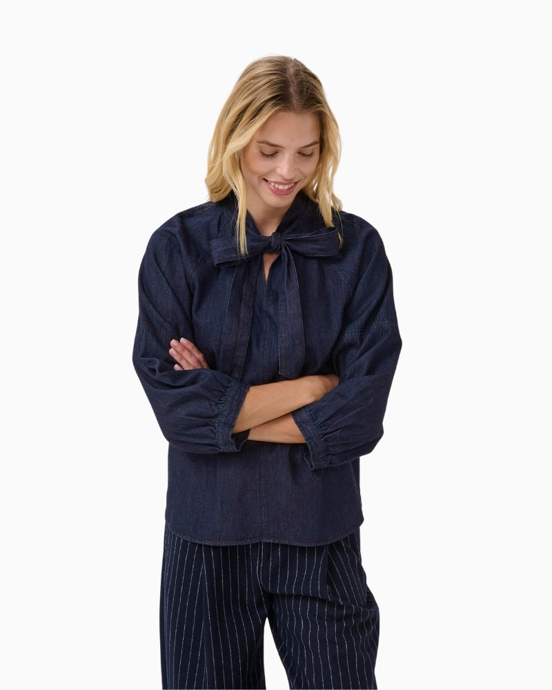 Dark rinse denim blouse by Part Two with necktie and ¾ gathered sleeves