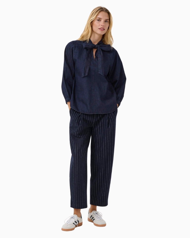 Dark rinse denim blouse by Part Two with necktie and ¾ gathered sleeves