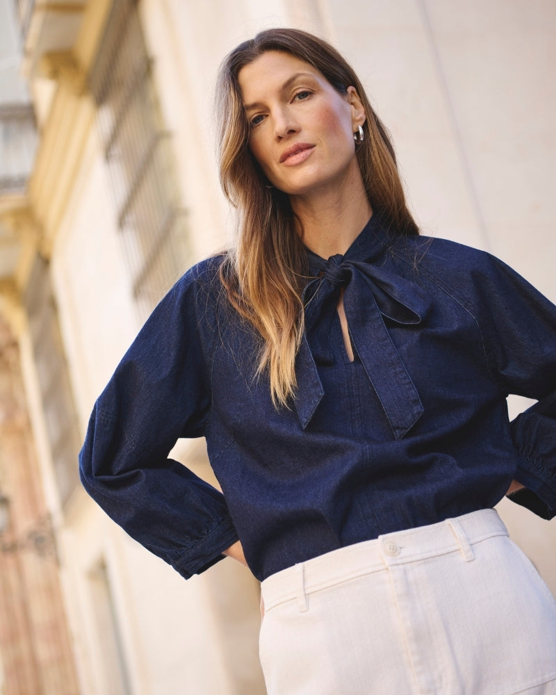 Dark rinse denim blouse by Part Two with necktie and ¾ gathered sleeves