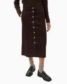 Dark brown midi corduroy skirt by Part Two with button detail and side pockets