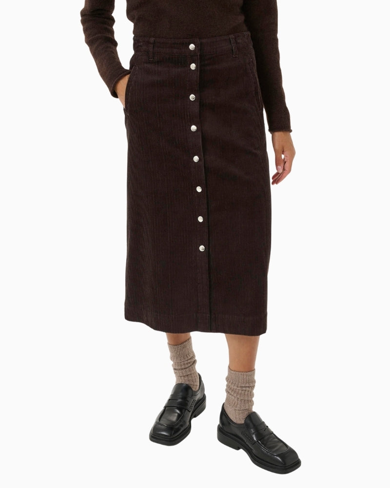 Dark brown midi corduroy skirt by Part Two with button detail and side pockets