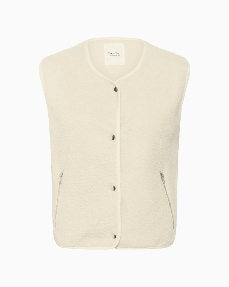 Front view of SignyPW waistcoat showing soft texture and boxy fit