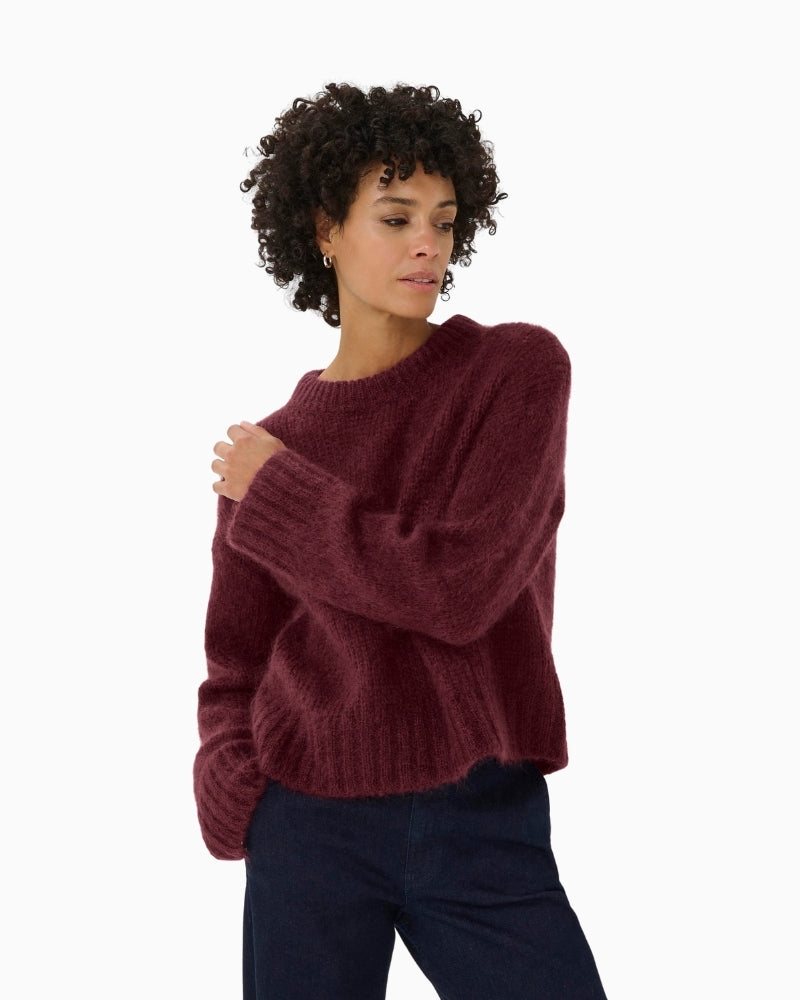 Front view of burgundy mohair-blend jumper by Part Two with relaxed fit and round neckline