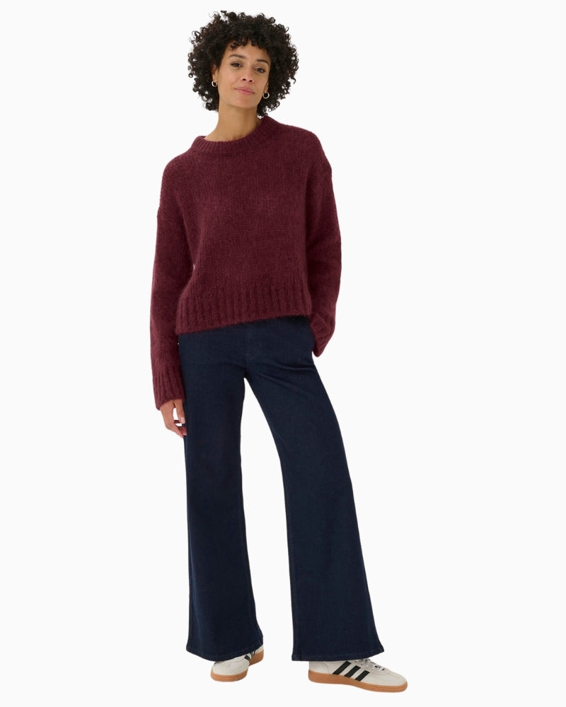 Part Two burgundy jumper styled casually with jeans for everyday wear