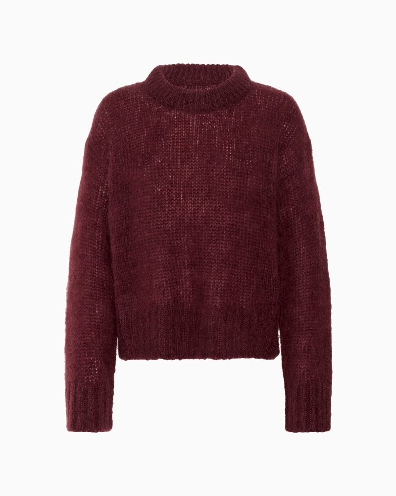 Front view of burgundy mohair-blend jumper by Part Two with relaxed fit and round neckline
