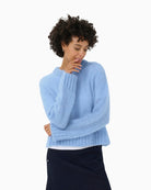 Front view of light blue mohair-blend jumper by Part Two with round neckline and ribbed hem