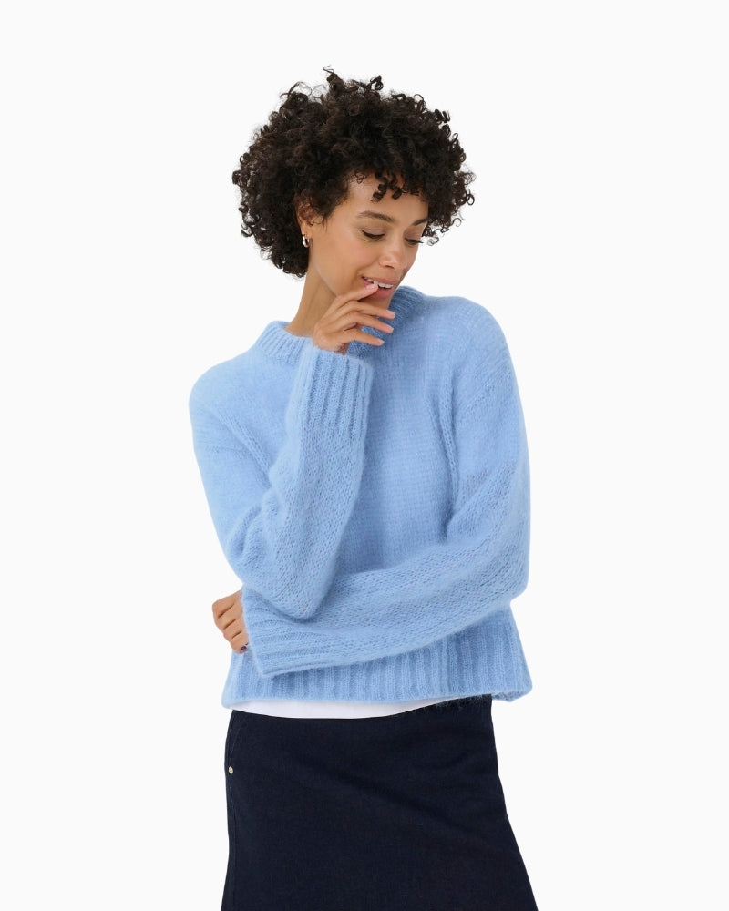Front view of light blue mohair-blend jumper by Part Two with round neckline and ribbed hem