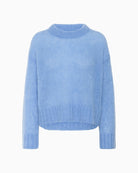 Front view of light blue mohair-blend jumper by Part Two with round neckline and ribbed hem