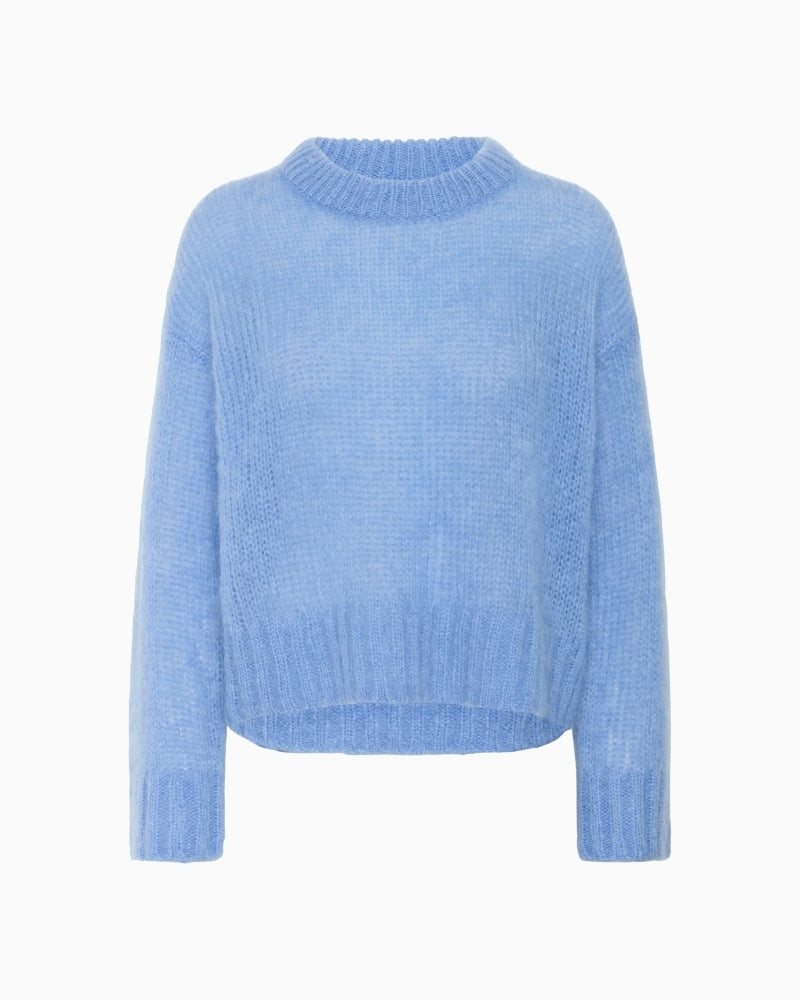 Front view of light blue mohair-blend jumper by Part Two with round neckline and ribbed hem