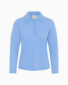 Front view of relaxed fit blue crew neck jumper