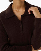 Close-up of collar and button detail on Part Two Silya knit