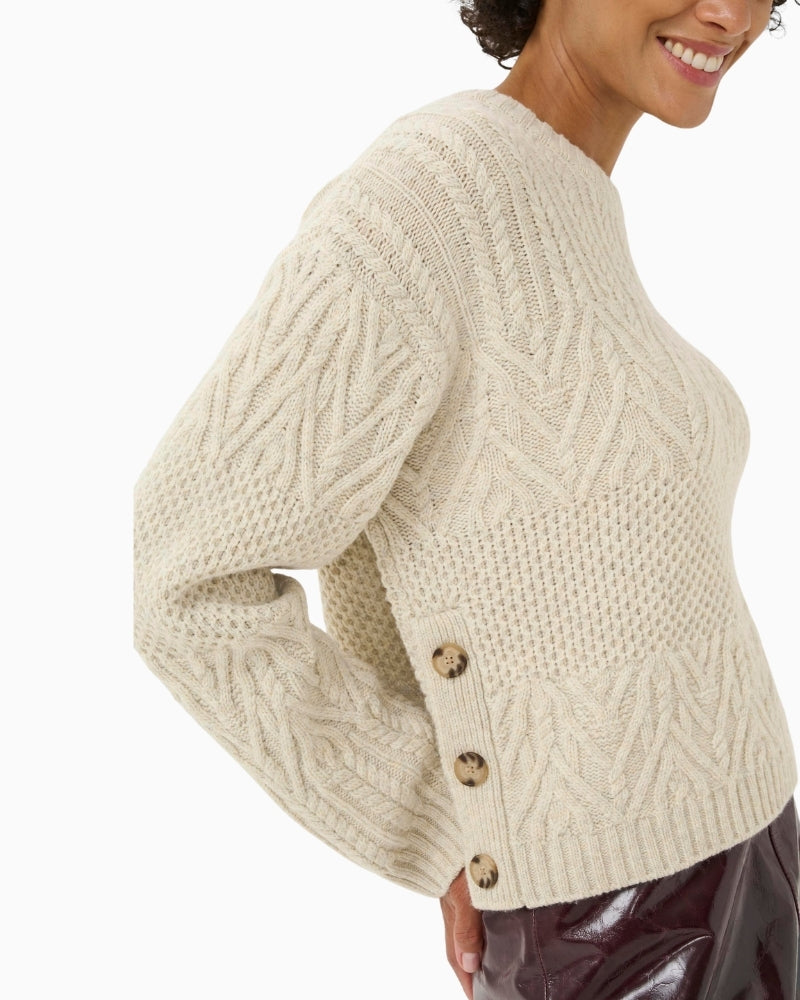 Close-up of decorative button detail on side of Part Two jumper