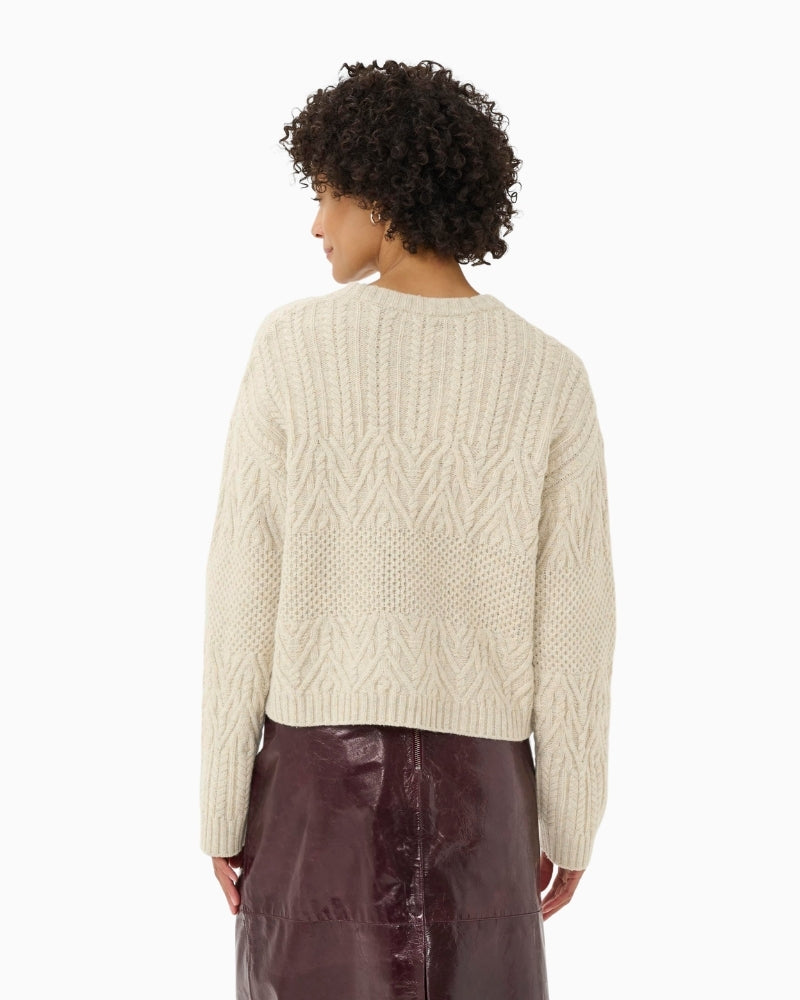 Back of warm wool jumper with easy fit and mixed knit pattern