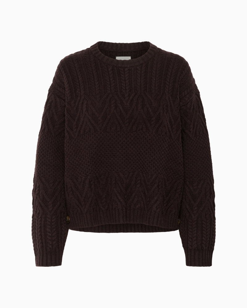 Front view of Part Two Sindy jumper showing mix of knit patterns and easy fit