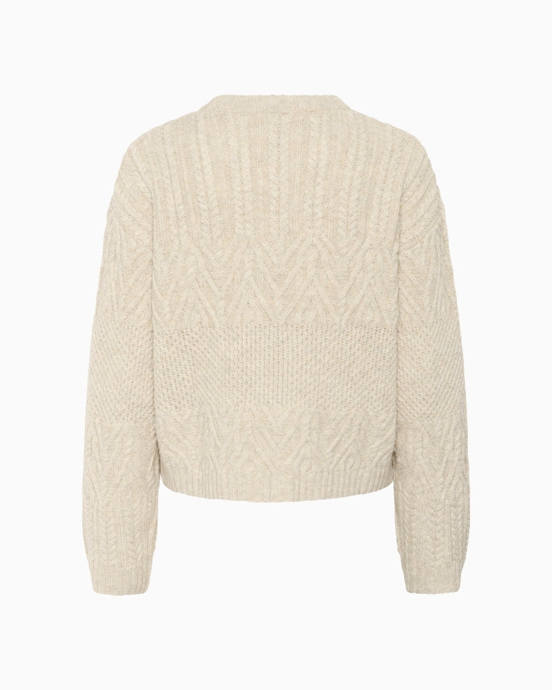 Back of warm wool jumper with easy fit and mixed knit pattern