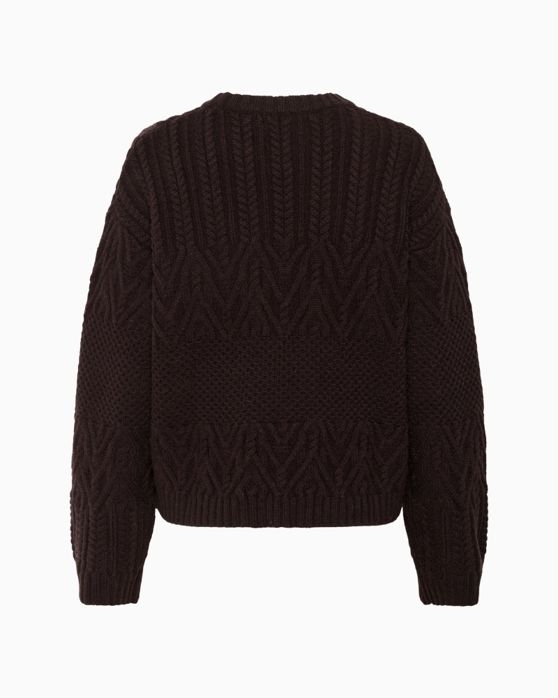 Back view of Sindy pullover with decorative button detail and soft wool texture