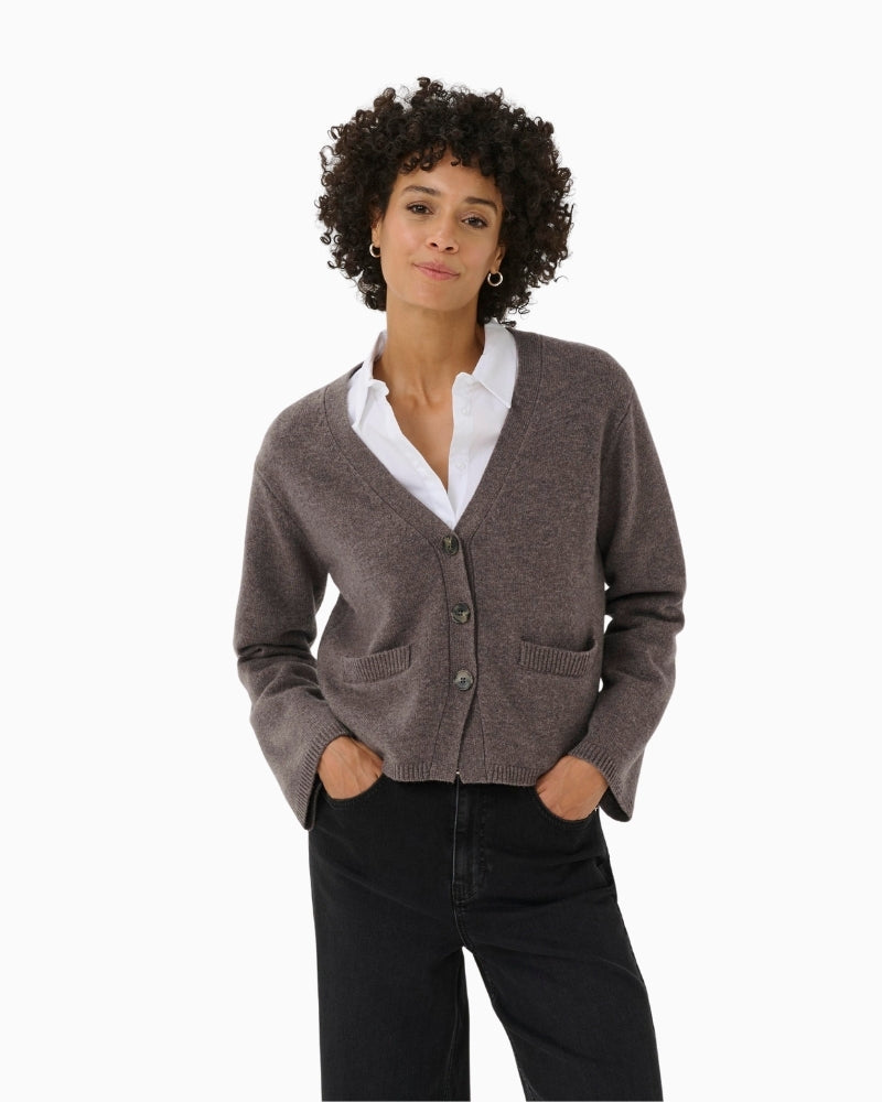 Boxy wool cardigan in soft brown by Part Two with wide ribbed trims and oversized buttons