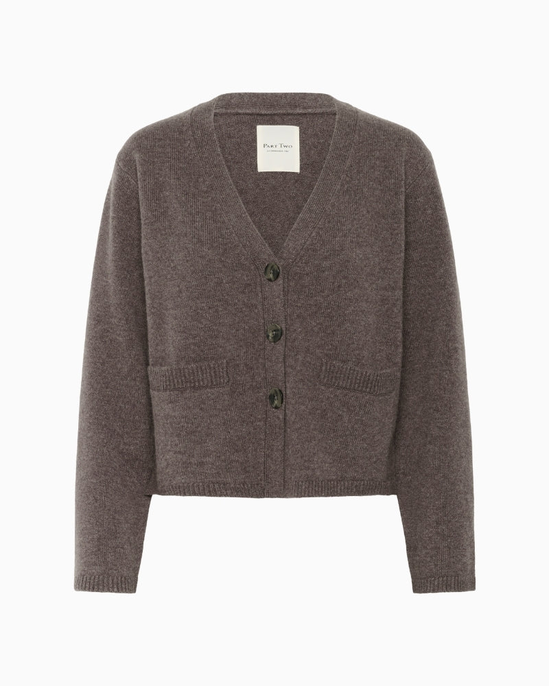 Boxy wool cardigan in soft brown by Part Two with wide ribbed trims and oversized buttons