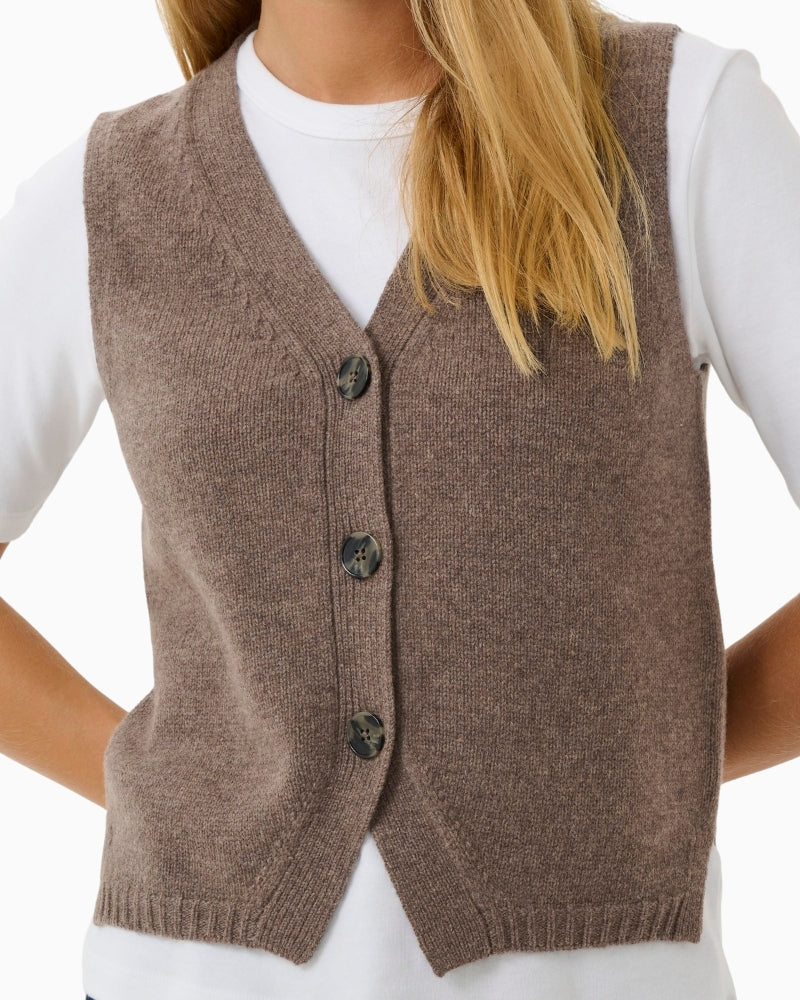 Close-up of ribbed hem and soft texture on sleeveless wool vest