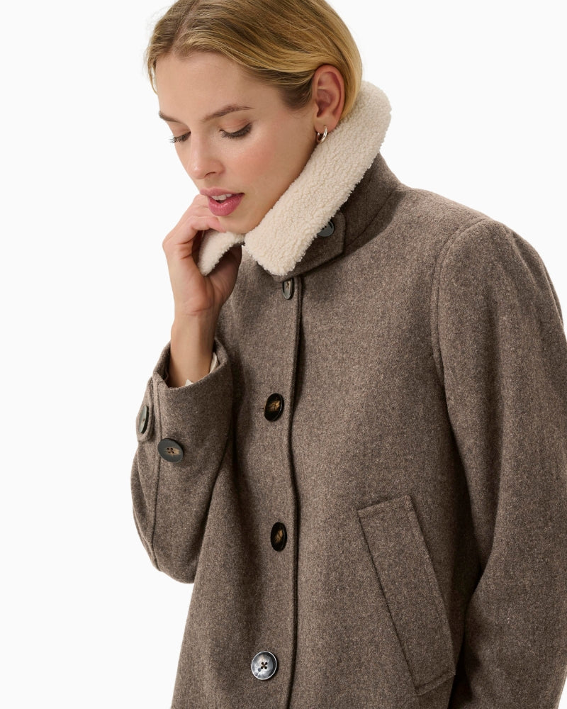 Close-up of fabric texture and lapel detail on Sylvia jacket