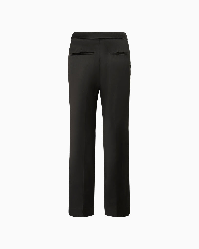 Back view of classic fit black trousers with structured shape