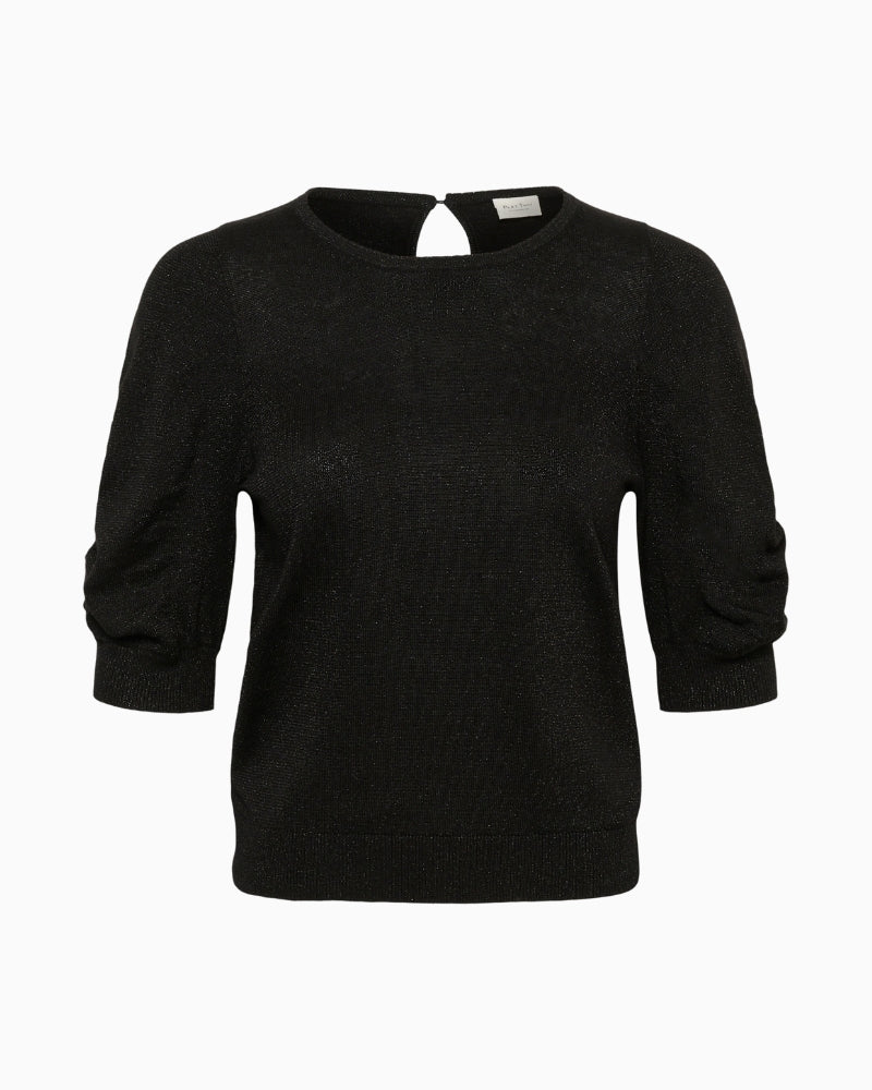 Front view of Varaia blouse with round neckline and subtle shine