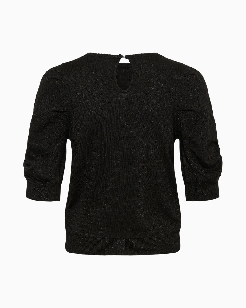 Back view of black shimmer blouse with regular fit and clean finish