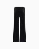 Back view of full-length black trousers with elasticated waistband