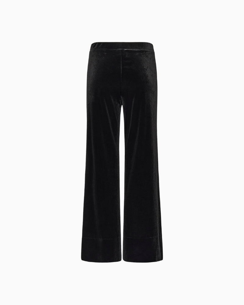 Back view of full-length black trousers with elasticated waistband