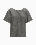 Front view of shimmer top with short sleeves and crew neckline