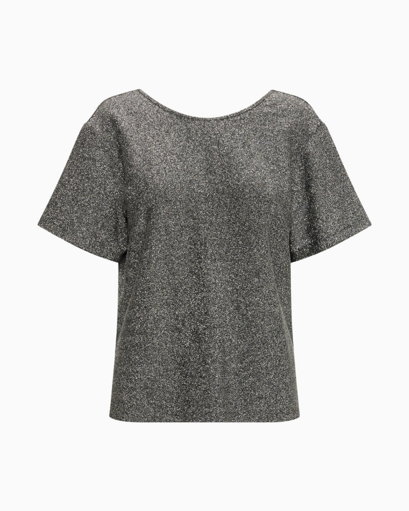 Front view of shimmer top with short sleeves and crew neckline