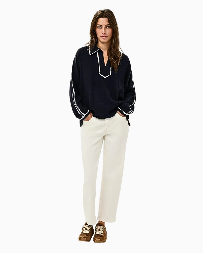 Part Two AimyPW Blouse After Midnight Blue front view on model