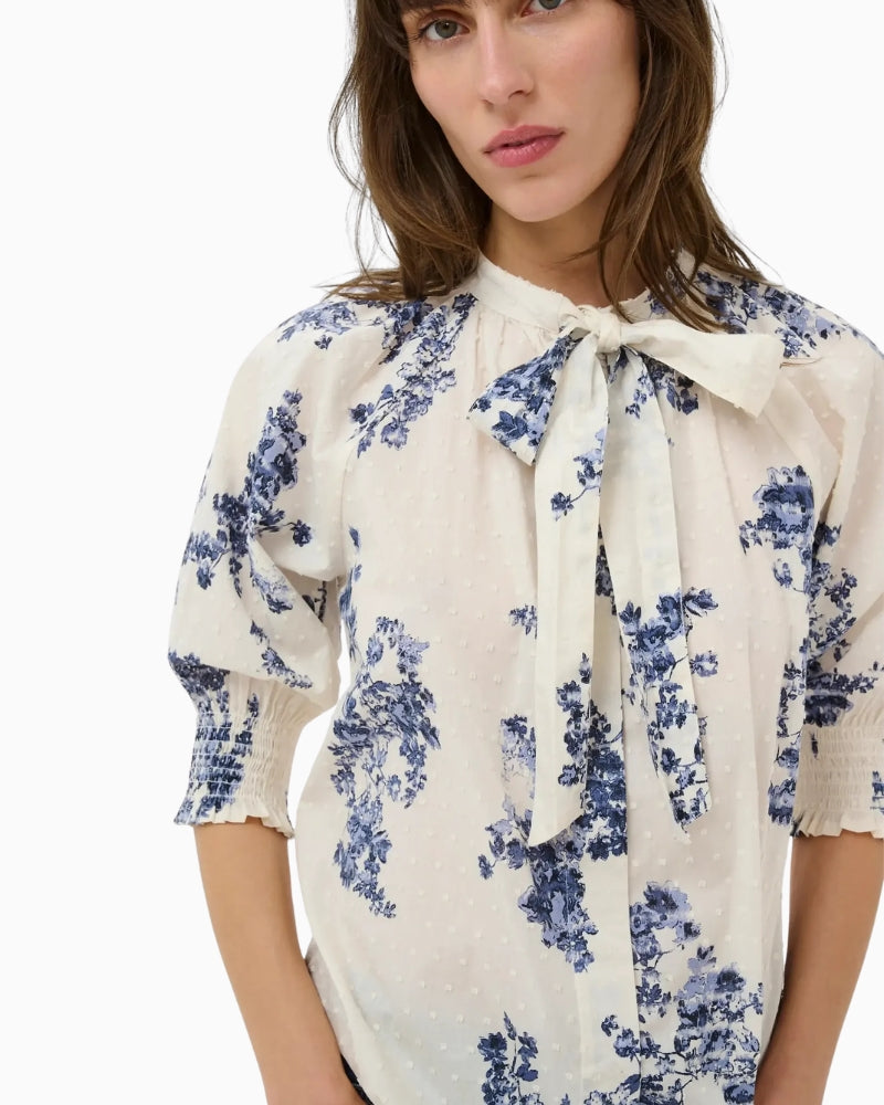 Part Two AlmeraPW blouse blue white neckline tie detail