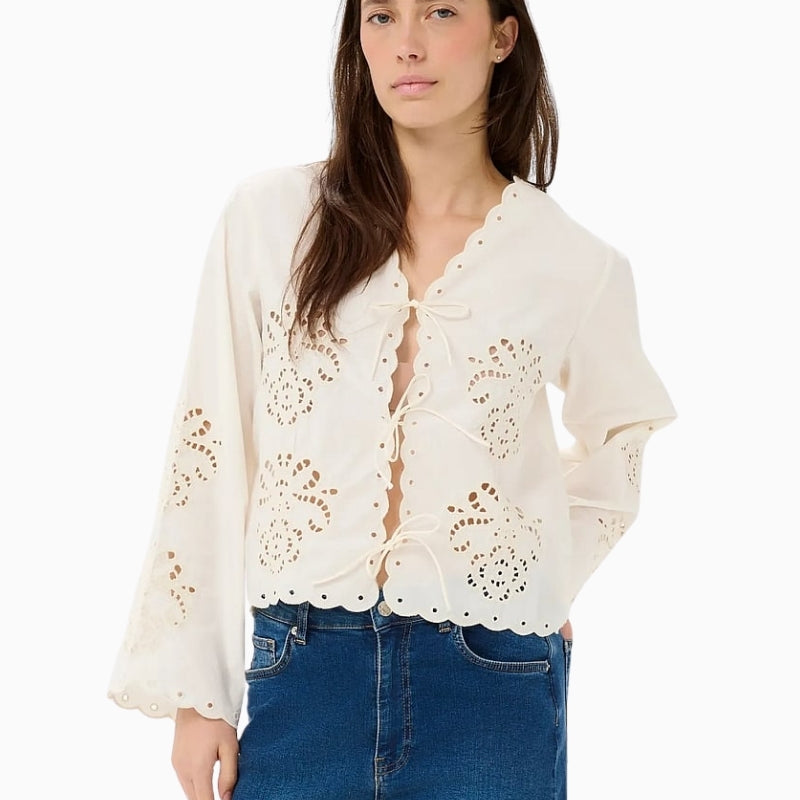Part Two Anamaria cream broderie blouse front detail with tie fastening