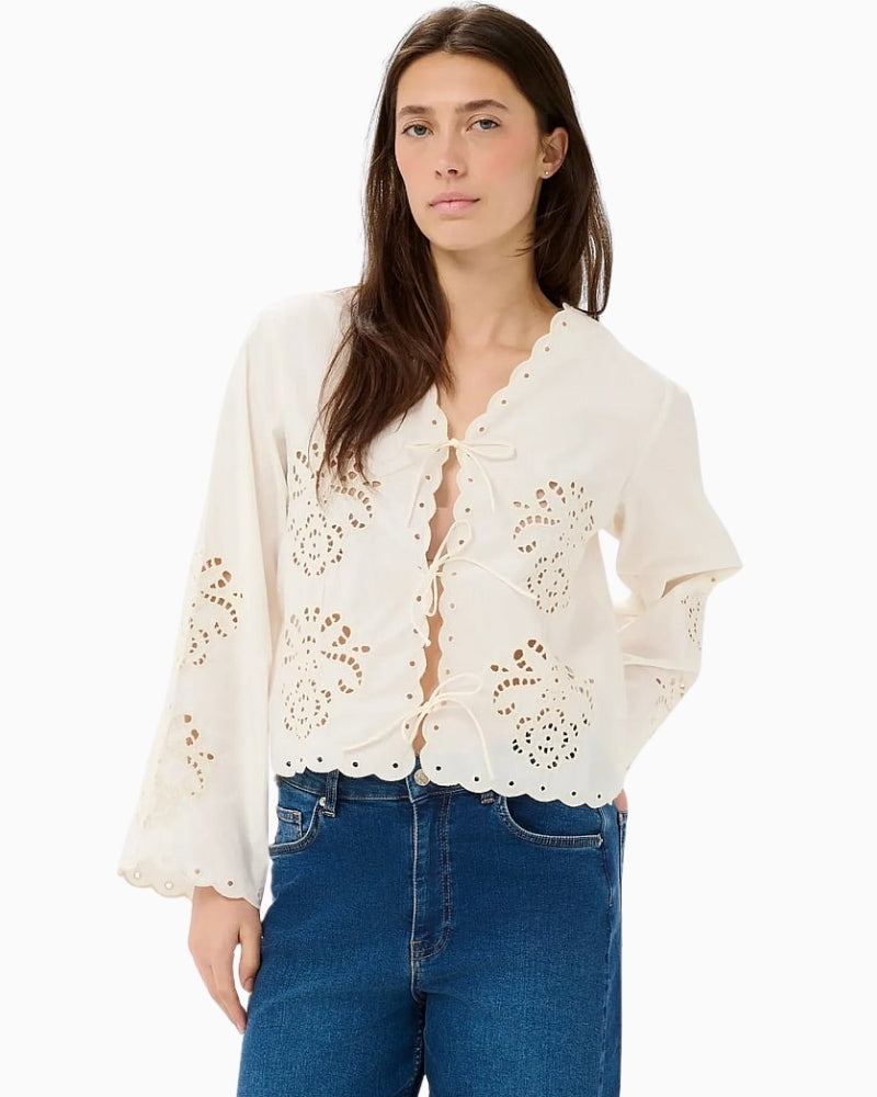 Part Two Anamaria cream broderie blouse front detail with tie fastening