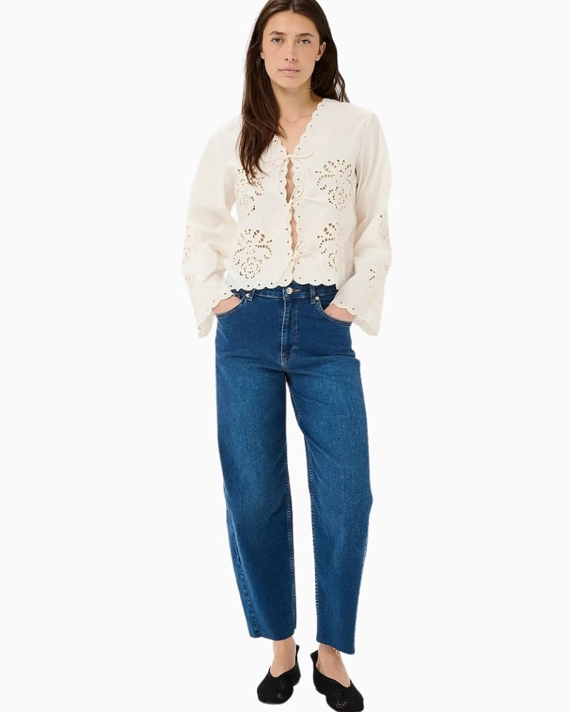 Part Two Anamaria cream broderie blouse front view with jeans