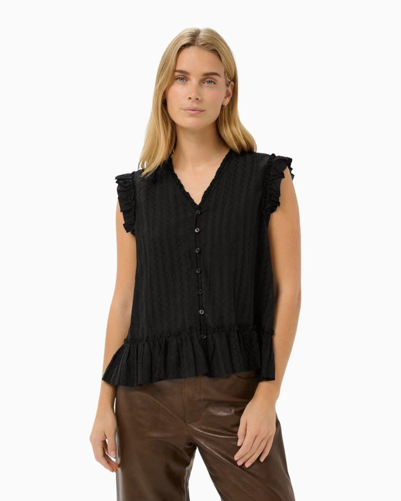 Part Two AnekaPW top black front view sleeveless with ruffle trim