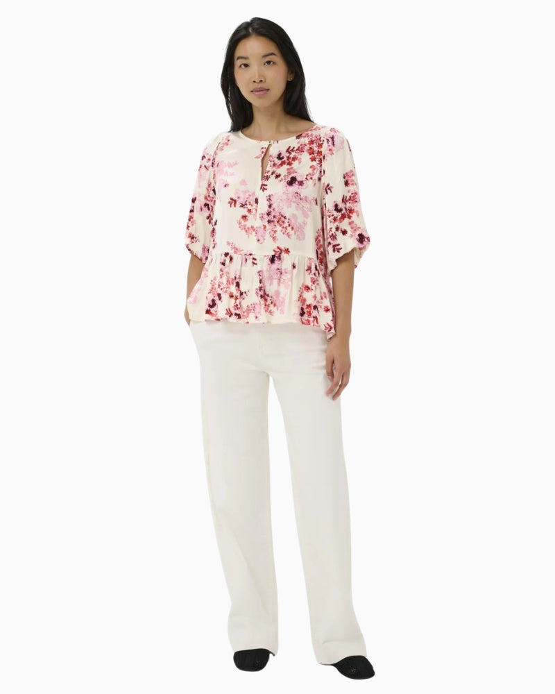 Part Two Azelia floral print peplum top pink front view on model