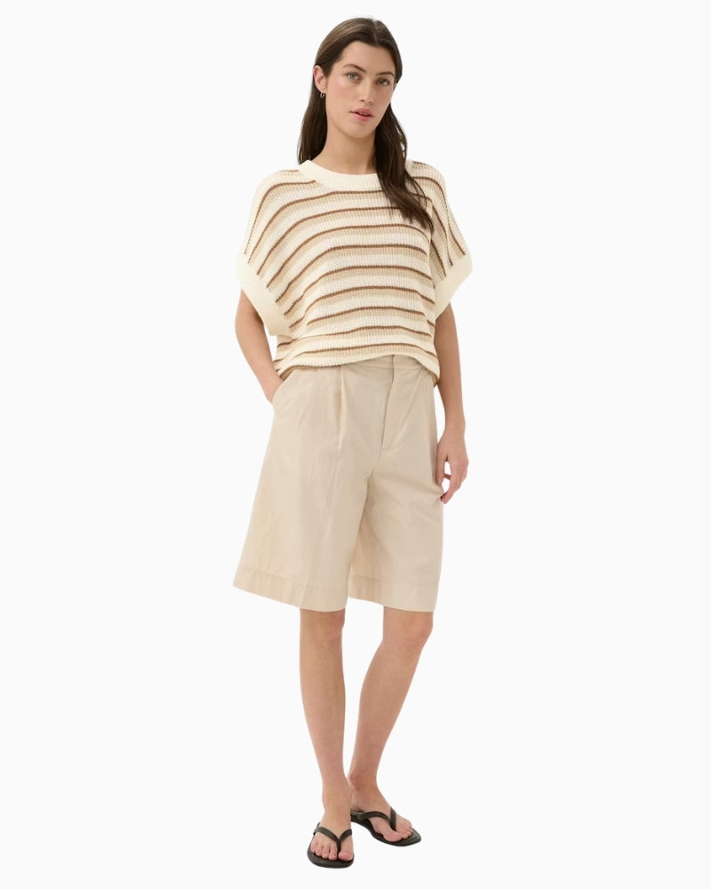 Part Two BelisiaPW Pullover in Cream and Brown Stripe worn front view